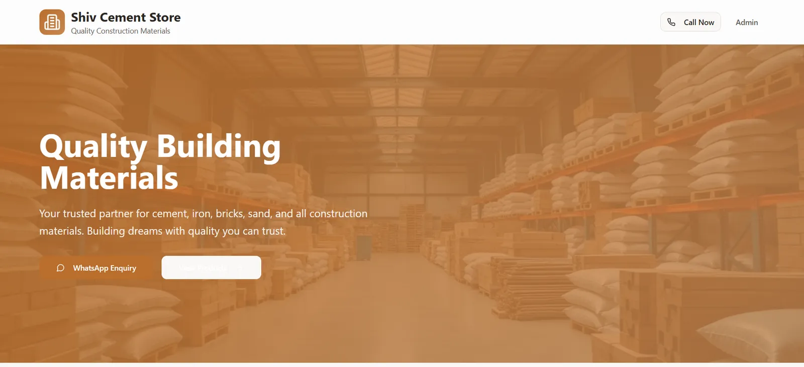 Shiv Cement Store website home page with product categories